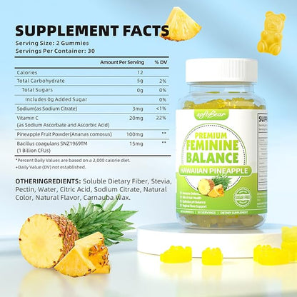 softbear Premium Feminine Balance Gummies for Women, Pineapple PH Balance Gummies for Women's Healthy Odor, Flora, Vaginal, Immune Support, Vegan, Gluten-Free, 60 Gummies