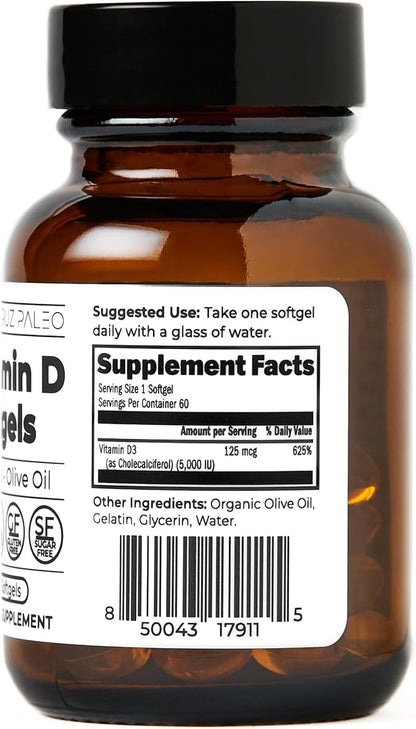 Santa Cruz Paleo Vitamin D3 5000 IU Softgels, Daily Supplement with Olive Oil for Men and Women, Formulated for Absorption, Supports Bone Health, Gluten Free, Sugar Free, Paleo, Keto, 60 Count