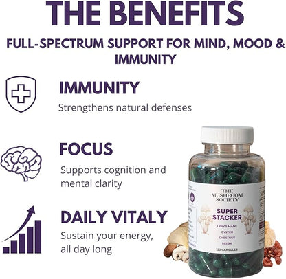 Super Stacker - 4-in-1 Mushroom Supplement Wellness Blend - Lion’s Mane, Oyster, Chestnut & Reishi - Immune, Focus & Daily Vitality - 60 Vegan Capsules