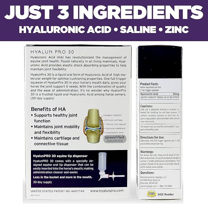 Hyalogic Hyalun Pro 30 - Hyaluronic Acid Joint Support Supplement for Horses – Horse Care Solution with Easy-to-Use Oral Dispenser – Supports Healthy Joints & Cartilage - 30-Day Supply (3oz / 90ml)
