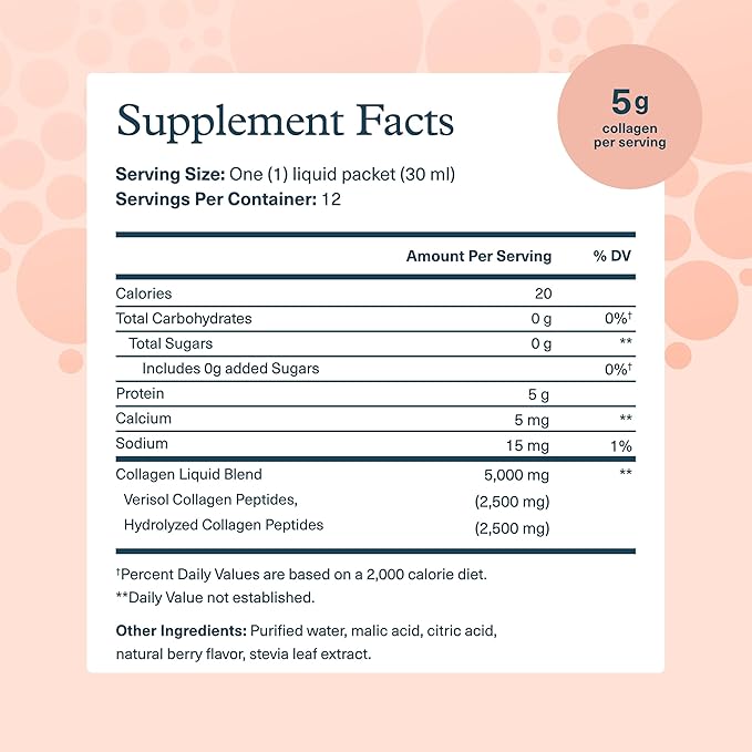 Youtheory Collagen Liquid - 5,000 mg Hydrolyzed Collagen Peptides - Supports Hair, Nail, Joint & Bone Health* - Berry Flavor - 1 oz Single Serve Packet, Pack of 12