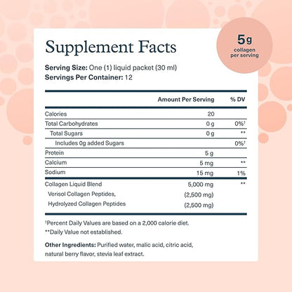 Youtheory Collagen Liquid - 5,000 mg Hydrolyzed Collagen Peptides - Supports Hair, Nail, Joint & Bone Health* - Berry Flavor - 1 oz Single Serve Packet, Pack of 12