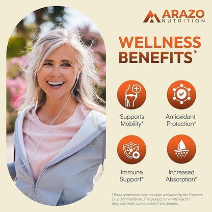 Arazo Nutrition Turmeric Curcumin with BioPerine Black Pepper Extract - 1300mg Per Serving - Joint Support Nutritional Supplements - 100% Herbal Tumeric Root Capsules