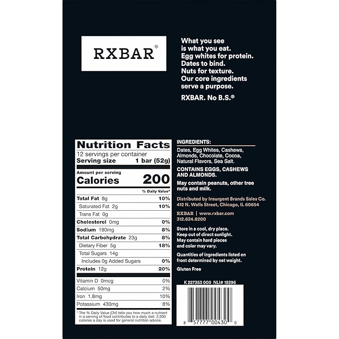 RXBAR Protein Bars, Protein Snack, Snack Bars, Chocolate Sea Salt, 22oz Box (12 Count)