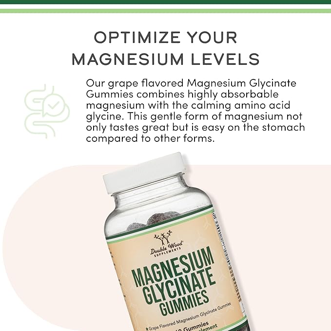Magnesium Glycinate Gummies (400mg per Serving, 30 Day Supply, Grape Flavored) High Absorption Magnesium Supplement for Adults or Kids by Double Wood Supplements
