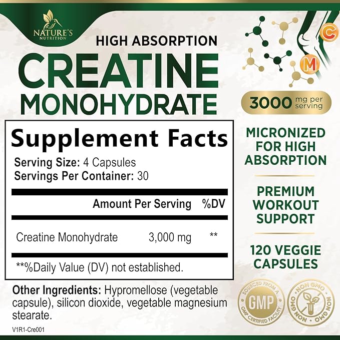 Creatine Monohydrate 3000mg Per Serving – Micronized Creatine Powder Capsules - Supports Lean Muscle, Strength, Energy, & Endurance - Nature's Supplement, Non-GMO, Bottled in USA - 120 Capsules