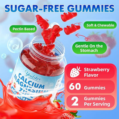Calcium Magnesium Zinc Gummies for Adult, Calcium Citrate with Vitamin D3, High Absorption Calcium Magnesium Supplement for Women & Men, Sugar-Free, Strawberry Flavor, 60 Count