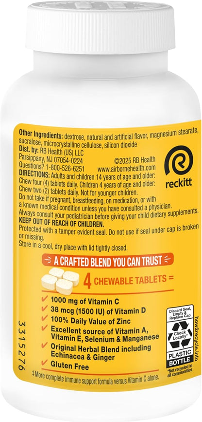 Airborne Vitamin C 1000mg (per Serving) - Citrus Chewable Tablets (96 Count in a Box) - Packaging May Vary
