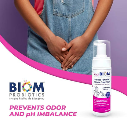 Biom Probiotics Vaginal moisturizing Foam Wash and Odor Control: First-in-Class All Natural 100% Natural Vegan Vaginal Foam. Controls Dryness, Maintain Optimal pH, and relieves Feminine discomfort