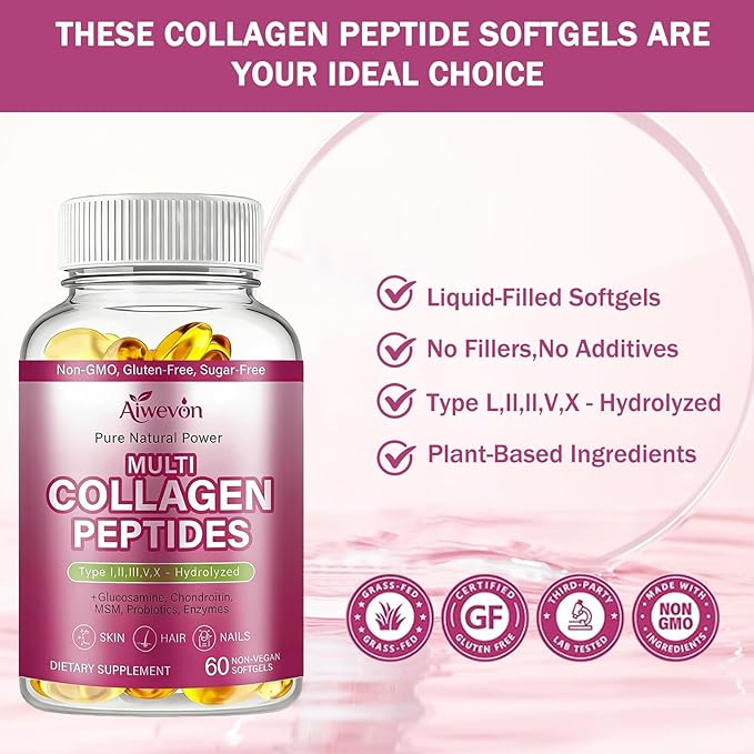 Multi Collagen Peptides Capsules 9500mg: Hydrolyzed Collagen Supplement Type I II III V X with Hyaluronic Acid Glucosamine MSM Probiotics Enzymes, Collagen for Skin Hair Nails Joints Women Men 60