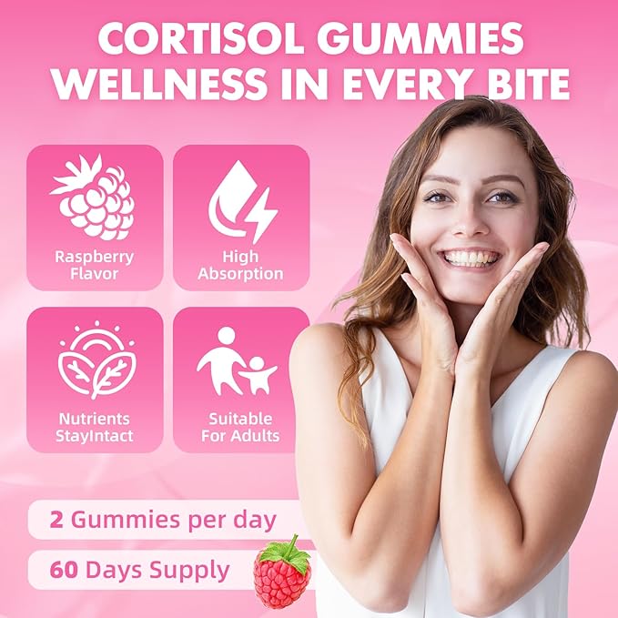 2 Pack Cortisol Gummies for Women, Cortisol Supplements Gummies with Magnesium Ashwagandha Rhodiola Rosea and L-theanine Complex for Relaxation and Zzz Support, Raspberry Flavor, 120 Count