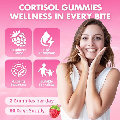 2 Pack Cortisol Gummies for Women, Cortisol Supplements Gummies with Magnesium Ashwagandha Rhodiola Rosea and L-theanine Complex for Relaxation and Zzz Support, Raspberry Flavor, 120 Count