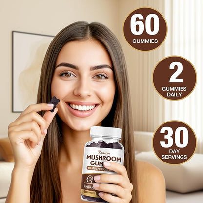 Mushroom Gummies for Adults, 10 Blend Mushroom Supplement with Lions Mane, Cordyceps, Reishi, Chaga and Turkey Tail for Focus and Energy, Raspberry Flavor, 60 Count