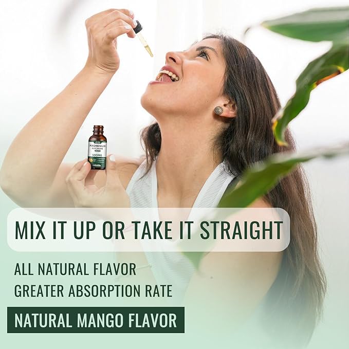Magnesium Glycinate Liquid Drops Supplement, with Magnesium Glycinate 500mg Ashwagandha, L - Theanine, Chamomile -Support Stress Relief, Bone, Muscle, Mood Mango Flavor 2Pack