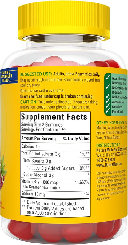 Nature Made Zero Sugar Energy Vitamin B12 Gummies 1000 mcg per Serving,B12 Vitamin,Energy Metabolism Support,Aspartame Free,110 Sugar Free Gummies,55 Day Supply,(Pack of 2)