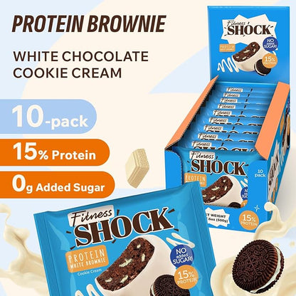 Fitness SHOCK Cookie Cream Protein White Brownie - No Added Sugar, 7.5g Protein, Low Carb Guilt-Free Dessert - 0g Added Sugar, 10g Net Carbs, 5g Fiber, Non-GMO - 10 x 50g