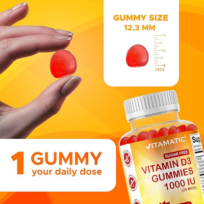 Vitamatic Sugar Free Vitamin D3-120 Pectin Based Gummies - Great Taste - Healthy Bones, Mood & Immune System Function - Non-GMO - 120 Servings (1000 IU)