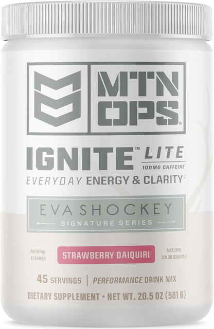 MTN OPS Ignite Lite Sugar Free Energy Drink Powder with 100mg Caffeine, Nootropic Blend for Energy & Focus, L Arginine & L Citrulline for Endurance, 45 Servings, Strawberry Daiquiri