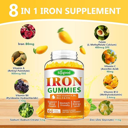 2 Pack Iron Gummies for Women & Men - Vegan Iron Supplement for Anemia & Iron Deficiency, with Vitamin B12, Vitamin C, Zinc, Folate - Energy Boost, Sugar-Free, Mango Flavor, 120 Count