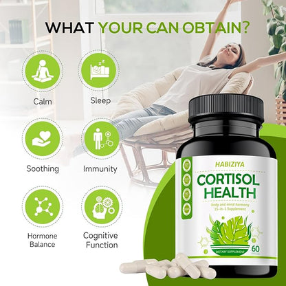 Cortisol Manager Supplement for Women and Men Adrenal Support with Ashwagandha, Rhodiola Rosea, Holy Basil, Mood & Sleep Support - Non-GMO, Vegan Capsules (60 Count)