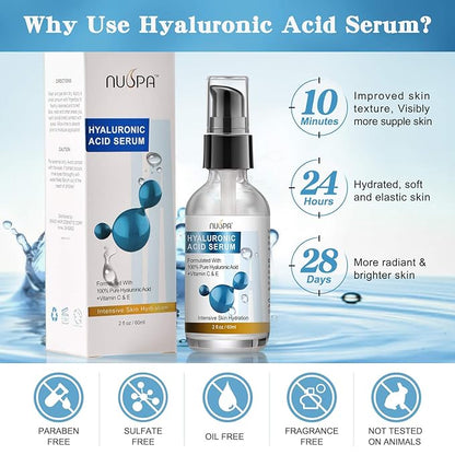 100% Pure Hyaluronic Acid Serum for Face Neck Body with Vitamin C Vitamin E for Skincare Hydrate, Moisturizer, Plump Skin, Reduce Wrinkles, Anti Aging Serum, 2 Oz