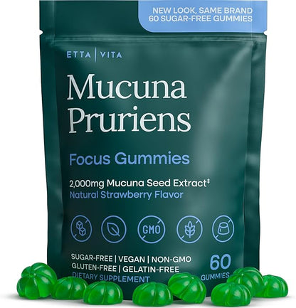 Dopamine Supplement - Sugar-Free Mucuna Pruriens Gummies (2g/serving) Energy & Focus Gummies - Potent Mucuna Pruriens Extract Supplement for Calm Mood and Motivation, Vegan, Non-GMO, Gluten-Free, 60ct