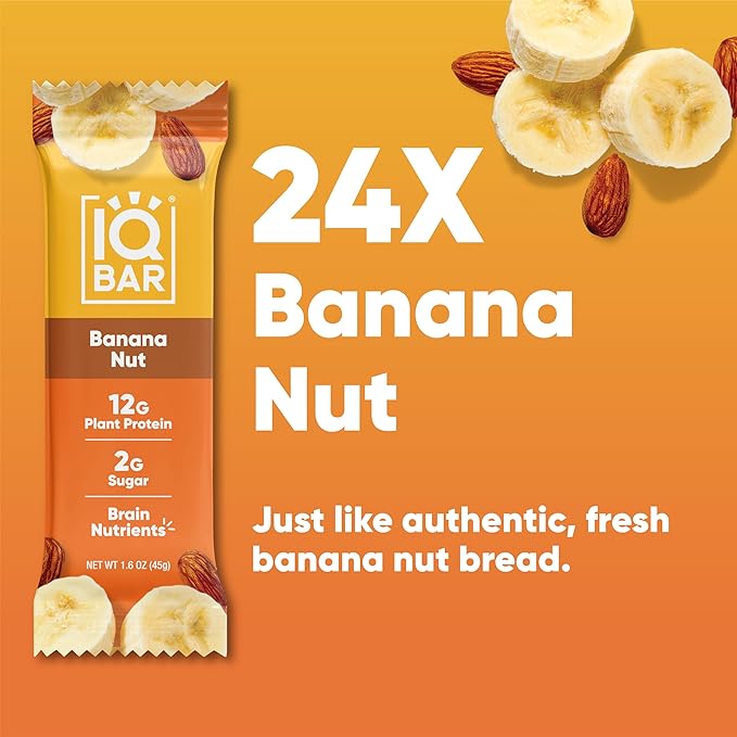 IQBAR Clean Plant Protein Bars - Banana Nut - 24 Count - Keto, Vegan, High Fiber, Gluten and Dairy Free, Low Sugar Snack - Brain and Body Nutrients for Focus, Energy, Meal Replacement