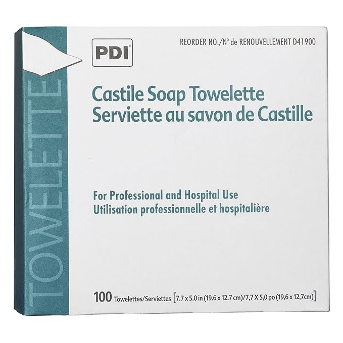 PDI Castile Soap Towelette, 1 Box of 100 Individually Wrapped 7.7"x5" Wipes, Gentle Soap Cleansing Towelettes for Personal Hygiene, Hand & Facial Cleaning, Travel & Patient Care