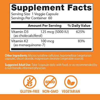 Doctor's Best Vitamin D3 and K2 Supplement for Men & Women - Vitamin D3 5000 IU + K2 as MK-7, Bone Health Support, Gluten Free, Non GMO, Vegetarian Capsules - 60 Veg Caps
