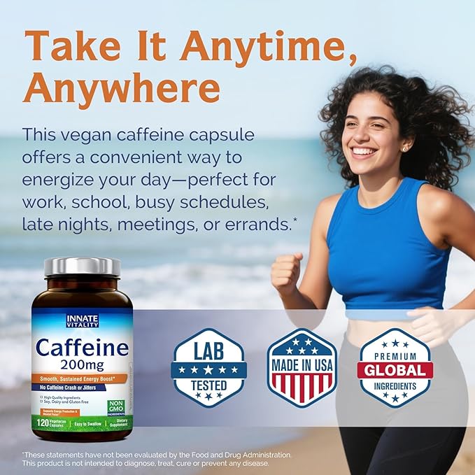 Innate Vitality Caffeine, 200 mg Caffeine Pill for Men & Women, No Crash or Jitters, Non GMO, No Gluten, Boost Energy Levels & Mental Focus, 120 Vegan Capsules