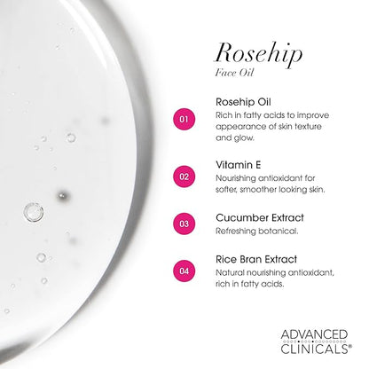 Advanced Clinicals Rosehip Oil For Face With Vitamin E + Botanicals Helps Improve Look Of Dark Spots, Wrinkles, Fine Lines, & Uneven Looking Skin Tone | Moisturizing Skin Care Face Serum, 2-Pack
