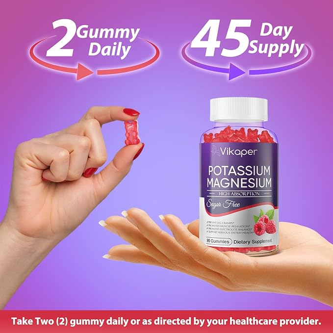 Potassium Magnesium Gummies 1200 mg for Adults Sugar-Free High Absorption Magnesium Glycinate Supplement,Supports Leg Cramps,Muscle,Heart Health,Non-GMO Magnesium Gummy Raspberry Flavor 90 Count
