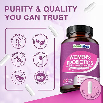 Probiotics for Women Digestive Health, 70 Billion CFUs Womens Probiotic with Digestive Enzymes & Prebiotics & Cranberry for Gut, Immune & Urinary Tract Balance, Delayed-Release, 90 Veggie Capsules