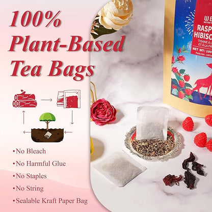 WT WEETEE Raspberry Hibiscus Herbal Tea Bags 100 Count, Hibiscus, Lemongrass & Rosehip Blend with Natural Raspberry Flavor, Caffeine Free, Hot or Iced Tea