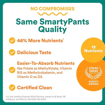 SmartyPants Prenatal Multivitamin Gummies with Omega 3 DHA/EPA, Methylfolate, Biotin, Vitamins D3, C, B12, B6, A, K, and Zinc, Gluten Free, Clean Label, Two Fruit Flavors, 90 Gummies (30 Day Supply)