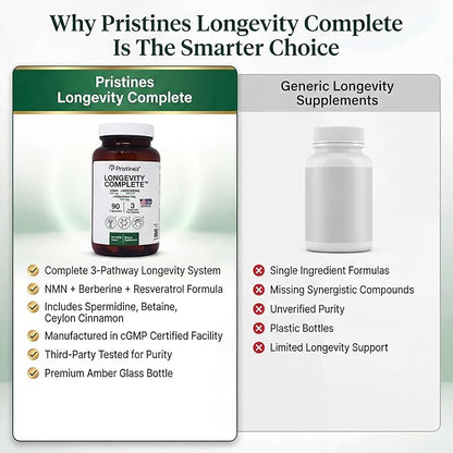 PRISTINE'S Longevity Complete Anti Aging NMN Complex - Advanced Cellular Support - NMN 500mg, Berberine 500mg, Resveratrol 250mg, Healthy Aging, Autophagy & NAD+ Support - Glass Bottle