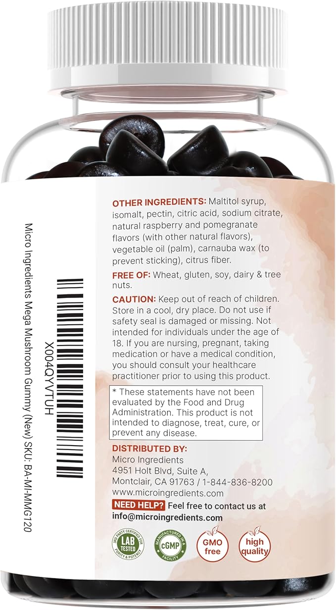 Micro Ingredients Mega Mushroom Gummies | 10-in-1 with Lions Mane, Turkey Tail, Reishi, Cordyceps, Chaga, Maitake, & Ashwagandha | Sugar-Free Raspberry Pomegranate Flavor | Non-GMO | 120 Count