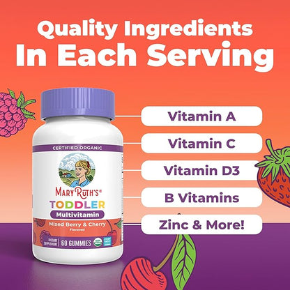 MARYRUTH'S Organic Toddler Multivitamin Gummies | Ages 4+ | Vitamin A, C, D, E, B6, B12, Biotin, Iodine, Zinc | Immunity | Bone & Teeth Health | Skin & Vision Support | Vegan | Gluten Free | 60 Count