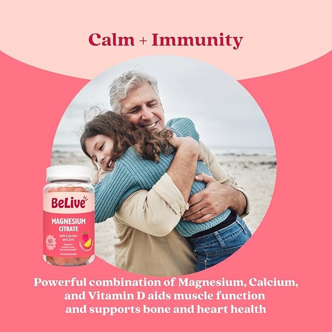 BeLive Magnesium Citrate Gummies with Calcium and Zinc for Adults and Kids - High Absorption Magnesium Supplement for Cognitive, Bone, Muscle and Nerve Health - Raspberry Lemonade - 60 Count