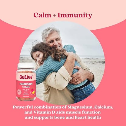 BeLive Magnesium Citrate Gummies with Calcium and Zinc for Adults and Kids - High Absorption Magnesium Supplement for Cognitive, Bone, Muscle and Nerve Health - Raspberry Lemonade - 60 Count