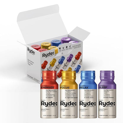 Ryde Discovery Pack | Energize, Focus, Relax & Sleep Shots | Green Tea Caffeine, Ginseng, B Vitamins, L-Theanine, Lemon Balm, Chamomile, Melatonin | 0 Calories, 0 Sugar | Variety Pack (8 Pack)