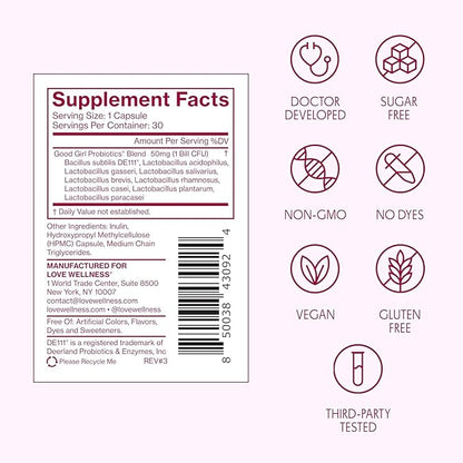 Love Wellness Good Girl Probiotics | Women’s Vaginal Health & pH Balance Supplement | 9-Strain Probiotic for Urinary Tract, Yeast, Odor & Immune Support | Gluten-Free (60-Day Supply)