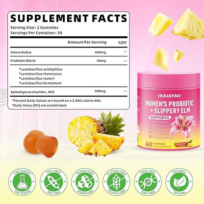 Her Juicy Feminine Probiotics Gummies - Women's Probiotic Slippery Elm Gummies Support pH Balance, Gut Health & Immune System, Sugar-Free, Pineapple Flavor, 60 Count