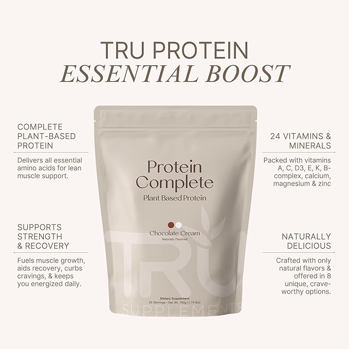 TRU Supplements Plant Based Protein Powder, BCAA, EAA, 20g Vegan Brown Rice & Pea Protein, 100 Calories, 27 Vitamins, No Artificial Flavors 25 Servings (Natural Chocolate Cream)