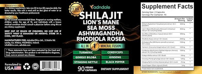 Adndale Shilajit for Men and Women. Pure Himalayan Organic Shilajit Capsules with Sea Moss Ashwagandha Rhodiola Rosea Lion’s Mane. 90 Count
