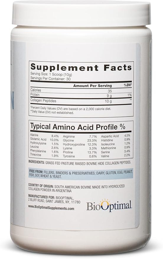 BioOptimal Collagen Peptides Powder - Grass-Fed, Pasture-Raised Hydrolyzed Protein Supplement for Skin, Hair, & Nails - Non-GMO, Zero Sugar Daily Supplement for Men & Women (30 Servings)