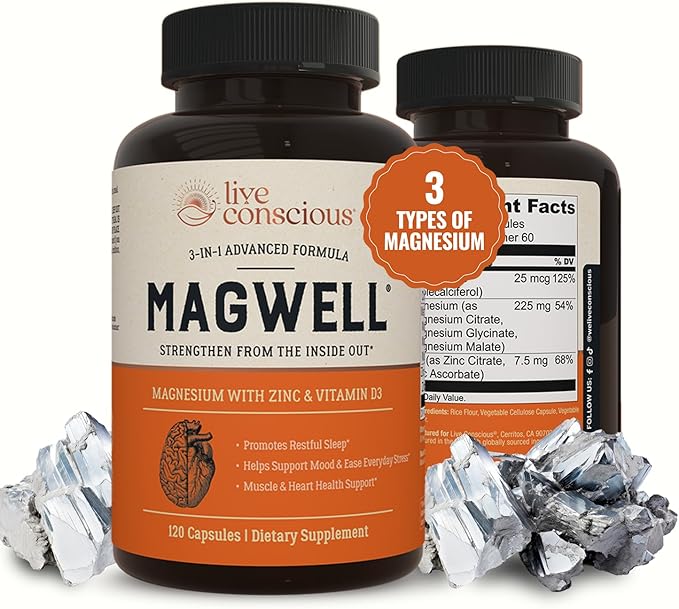 Live Conscious Magwell Magnesium Zinc & Vitamin D3 - Magnesium Glycinate, Malate, & Citrate - Triple Supplement for Women & Men - for Sleep, Bone, Heart, Immune Support - 120 Caps