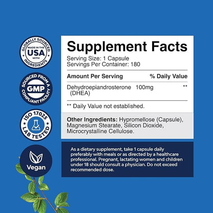 DHEA Supplement for Women & Men - DHEA 100mg per Serving Capsules for Hormone Balance - Promotes Mood Stability Healthy Brain Function & Energy - Dehydroepiandrosterone Capsules - 180 Count