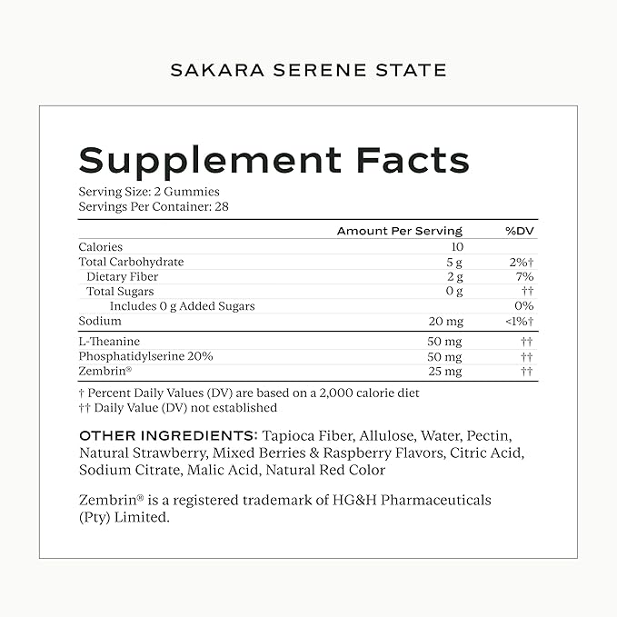 SAKARA Serene State Stress Relief Gummies – Fast-Acting Calm Supplement with Zembrin®, L-Theanine & Phosphatidylserine – Support Calm Mind & Body – Healthy Response to Stress, Wildberry - 56 Gummies