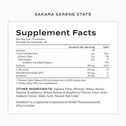 SAKARA Serene State Stress Relief Gummies – Fast-Acting Calm Supplement with Zembrin®, L-Theanine & Phosphatidylserine – Support Calm Mind & Body – Healthy Response to Stress, Wildberry - 56 Gummies